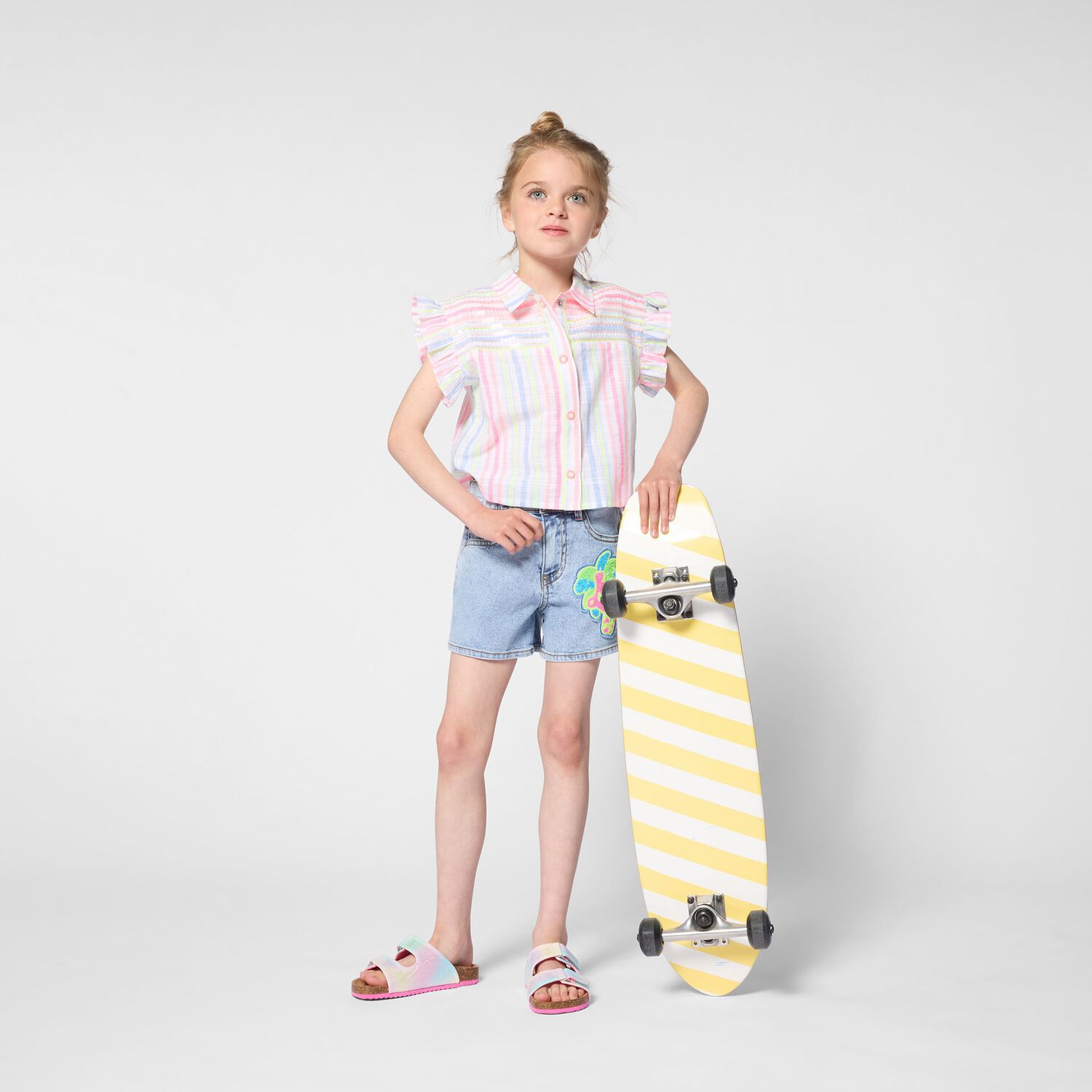 Girls Blue Denim Embellished Shorts, 1, hi-res