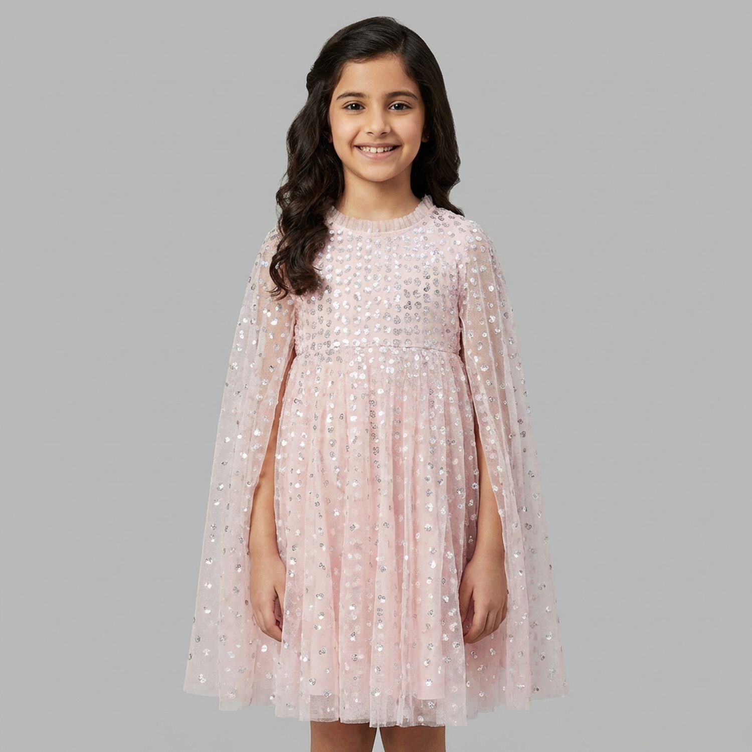 Girls Pink Sequin & Tulle Cape Dress , 1, hi-res