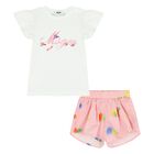 Younger Girls White & Pink Logo Shorts Set, 1, hi-res