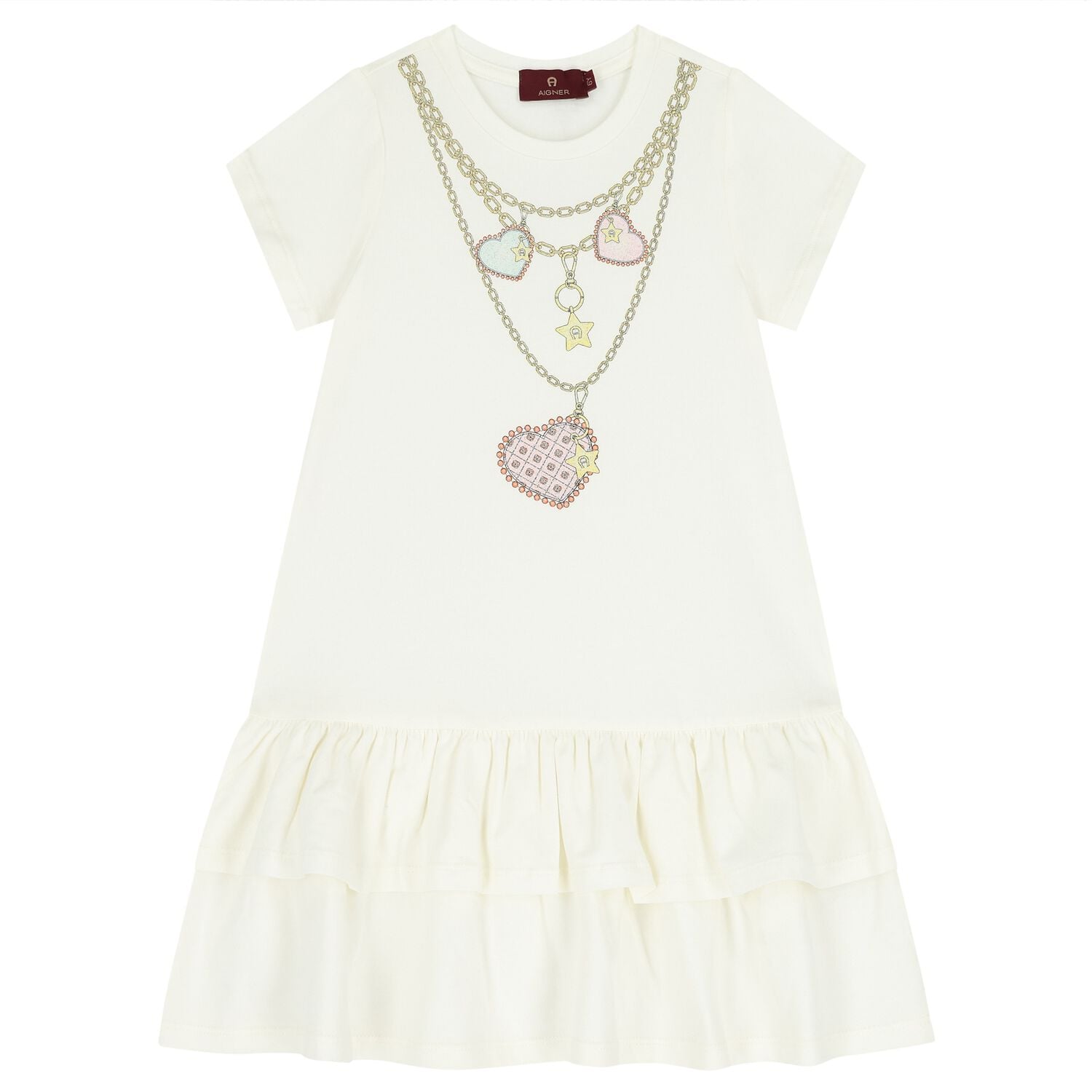 Girls Ivory Necklace Logo Dress, 1, hi-res