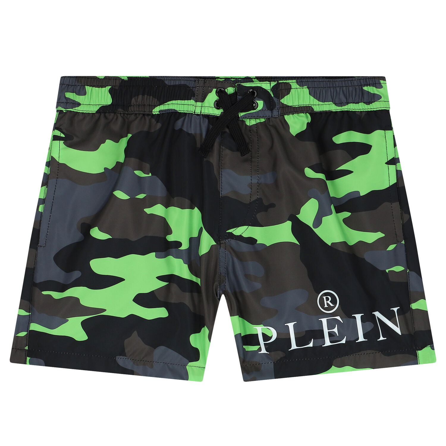 Boys Black & Green Camouflaged Swim Shorts, 1, hi-res