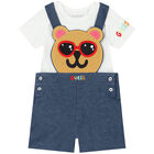 White & Blue Teddy Bear Dungaree Set, 1, hi-res