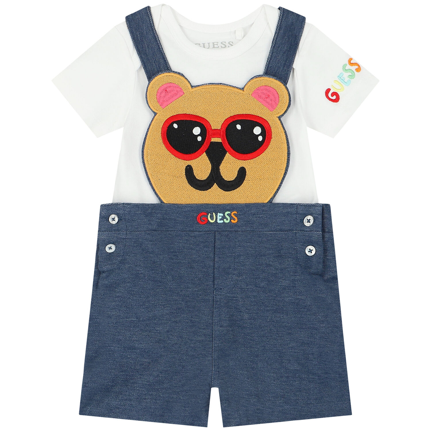 White & Blue Teddy Bear Dungaree Set, 1, hi-res