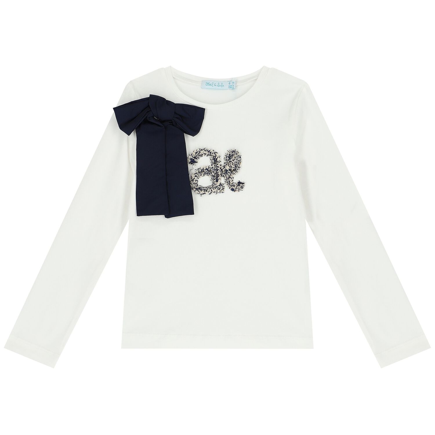Girls Ivory & Navy Blue Bow Long Sleeve Top, 1, hi-res
