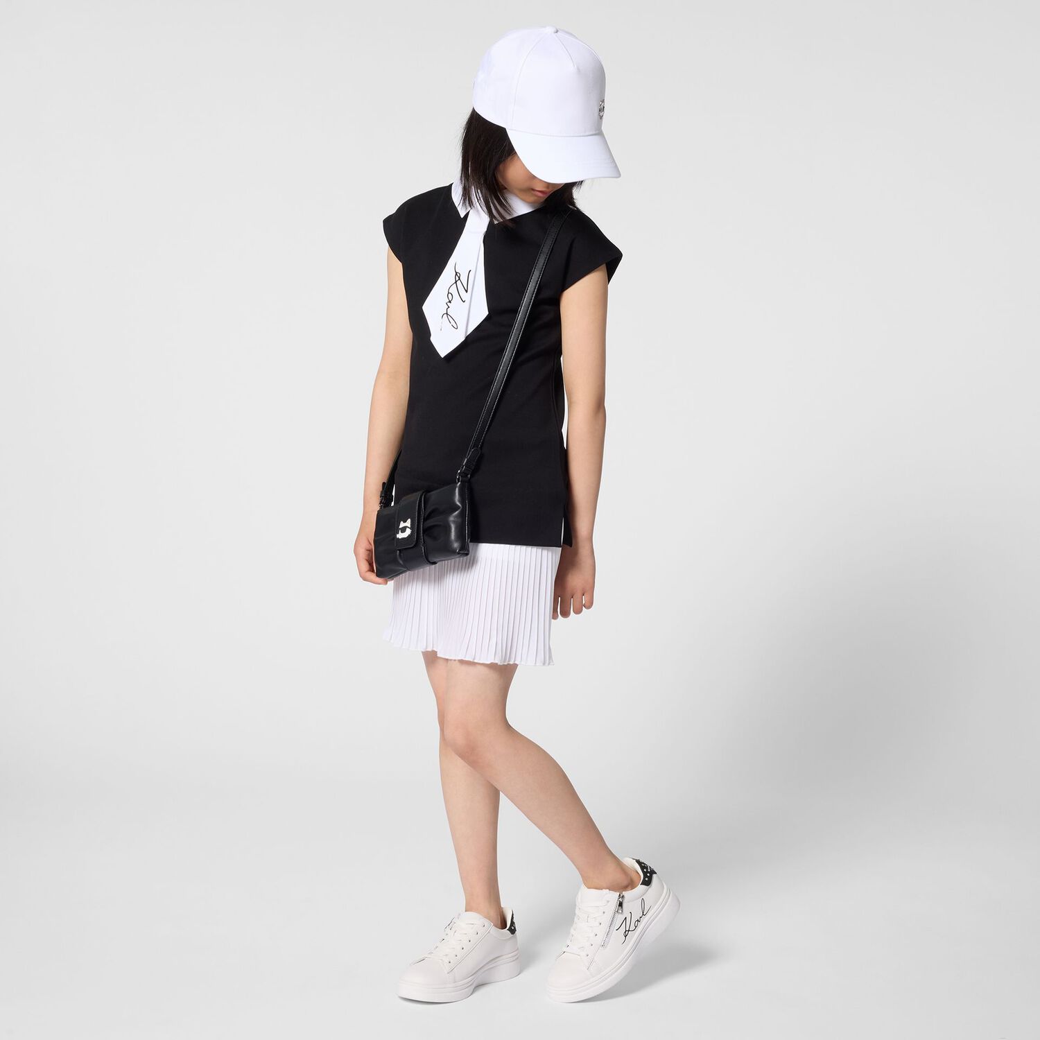 Girls Black & White Pleated Crepe Dress, 1, hi-res