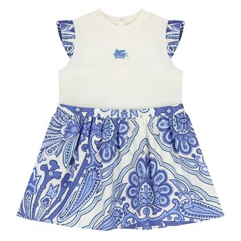 Younger Girls Ivory & Blue Floral Paisley Dress