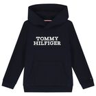 Boys Navy Blue Logo Hooded Top, 1, hi-res