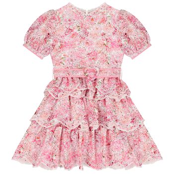 Girls Pink Embroidered Floral Tiered Dress 