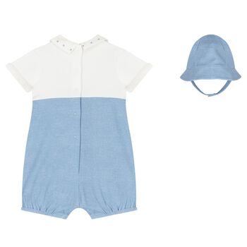 Baby Boys Blue & Ivory Dungaree & Hat Set