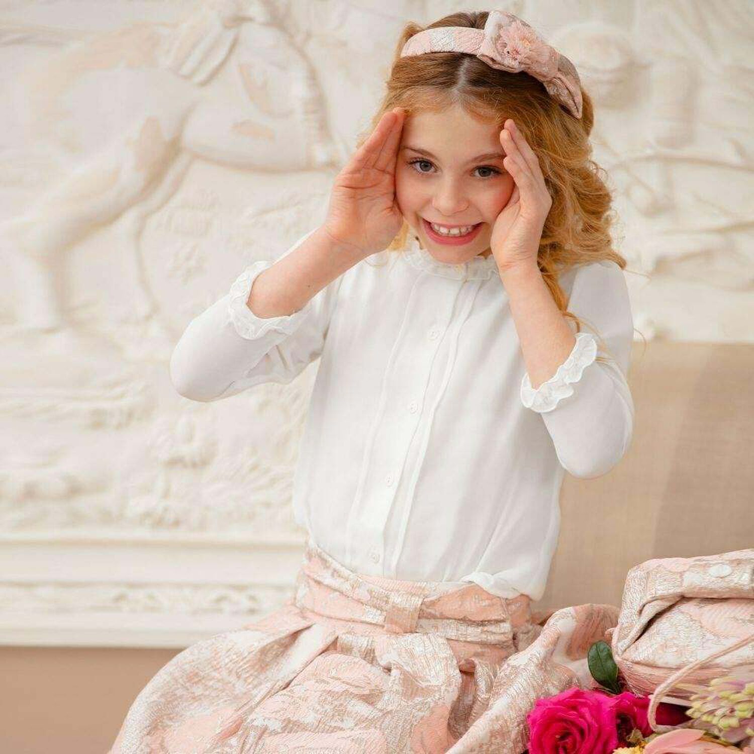 Girls Pink & Gold Jacquard Skirt, 1, hi-res