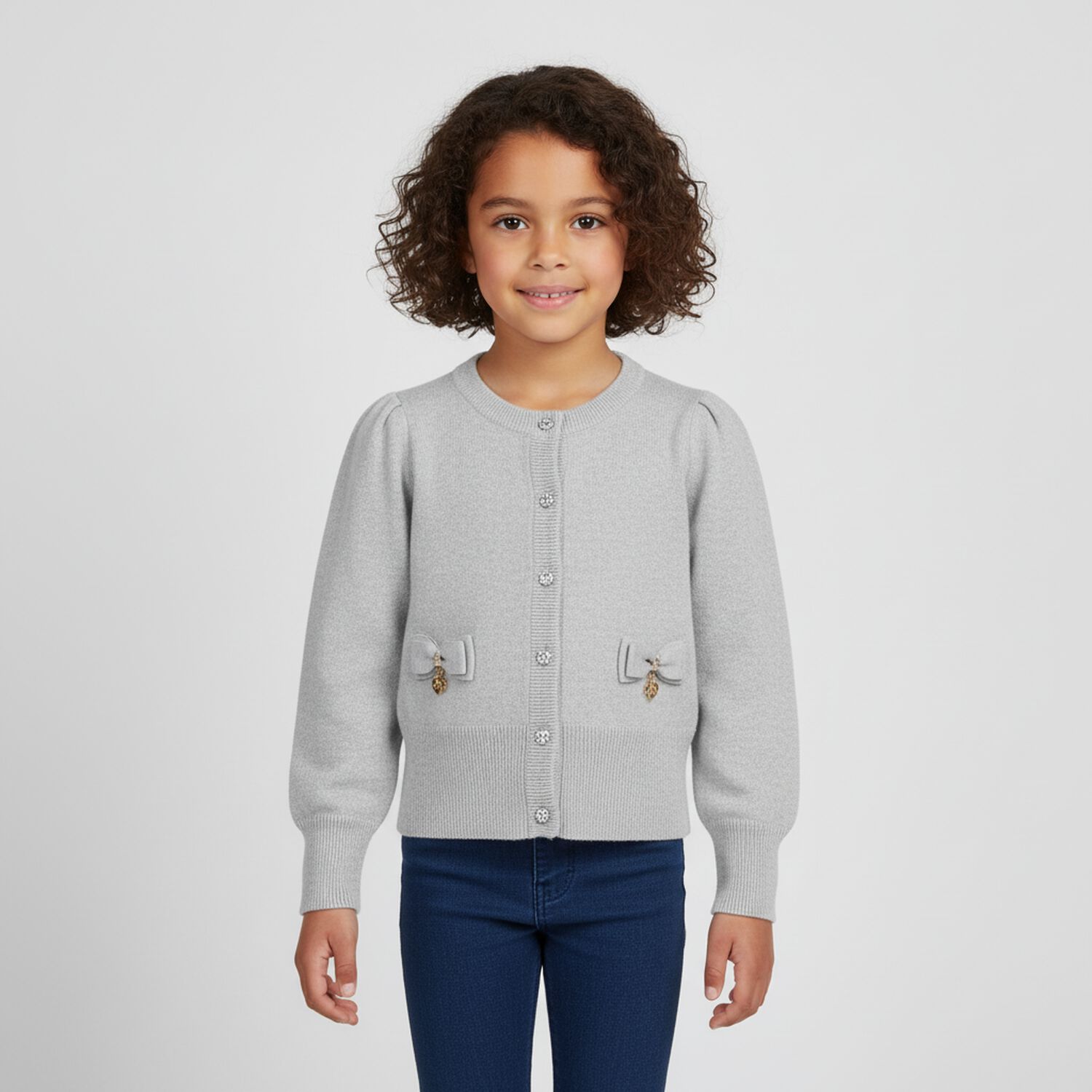 Girls Grey Bow Cardigan, 2, hi-res