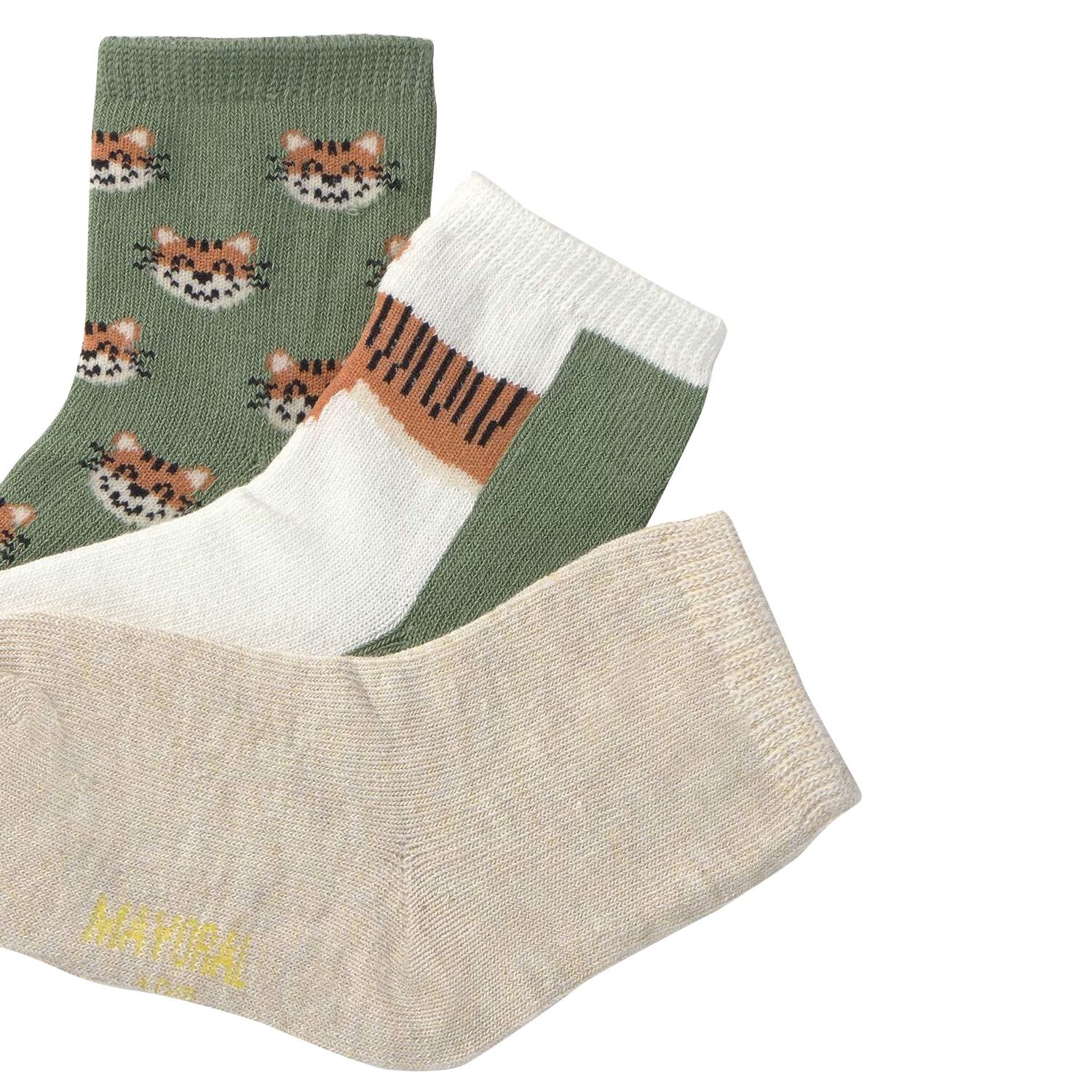 Baby Boys Green & Beige Cat Print Socks ( 3-Pack ), 1, hi-res