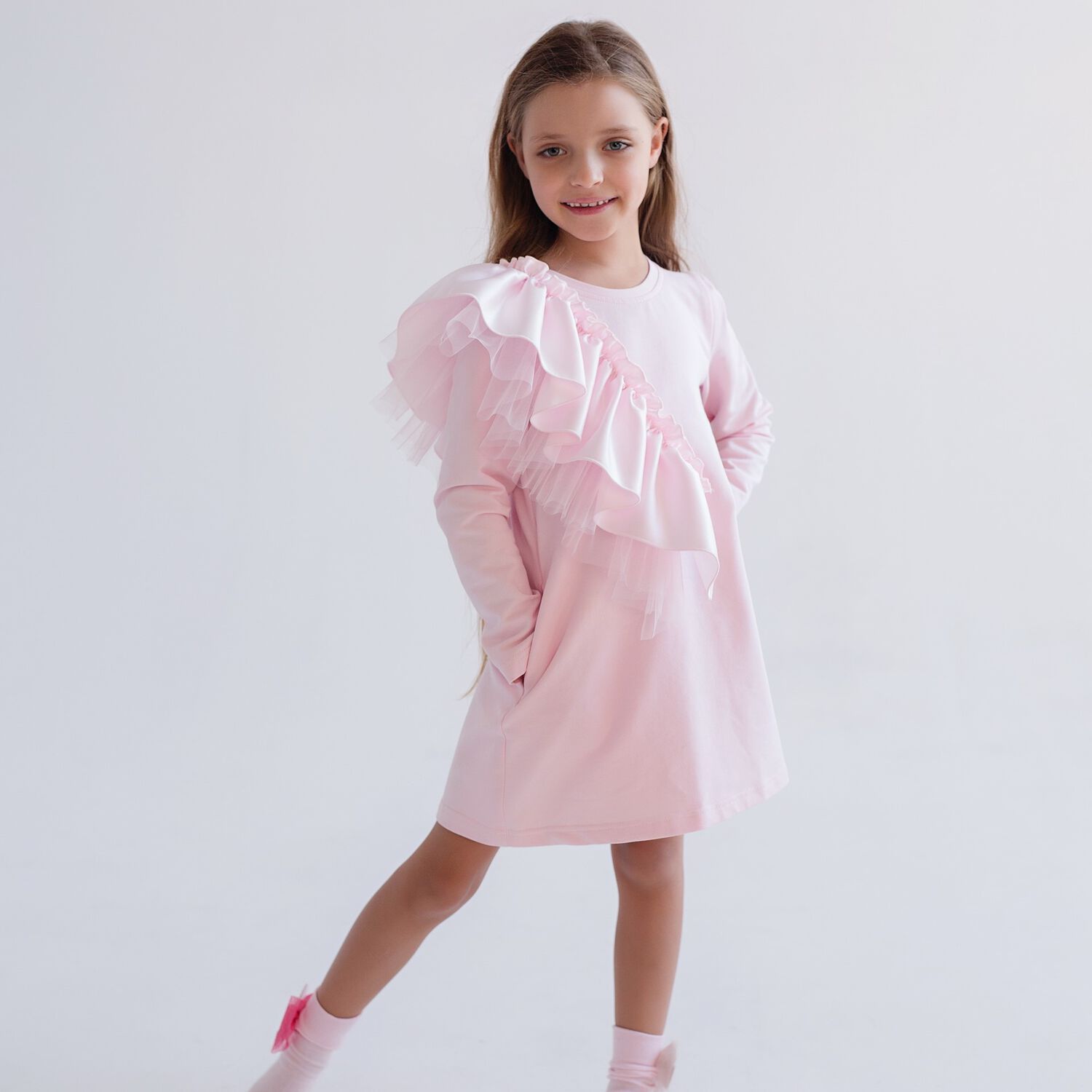 Girls Pink Logo Ruffled Dress, 1, hi-res image number null