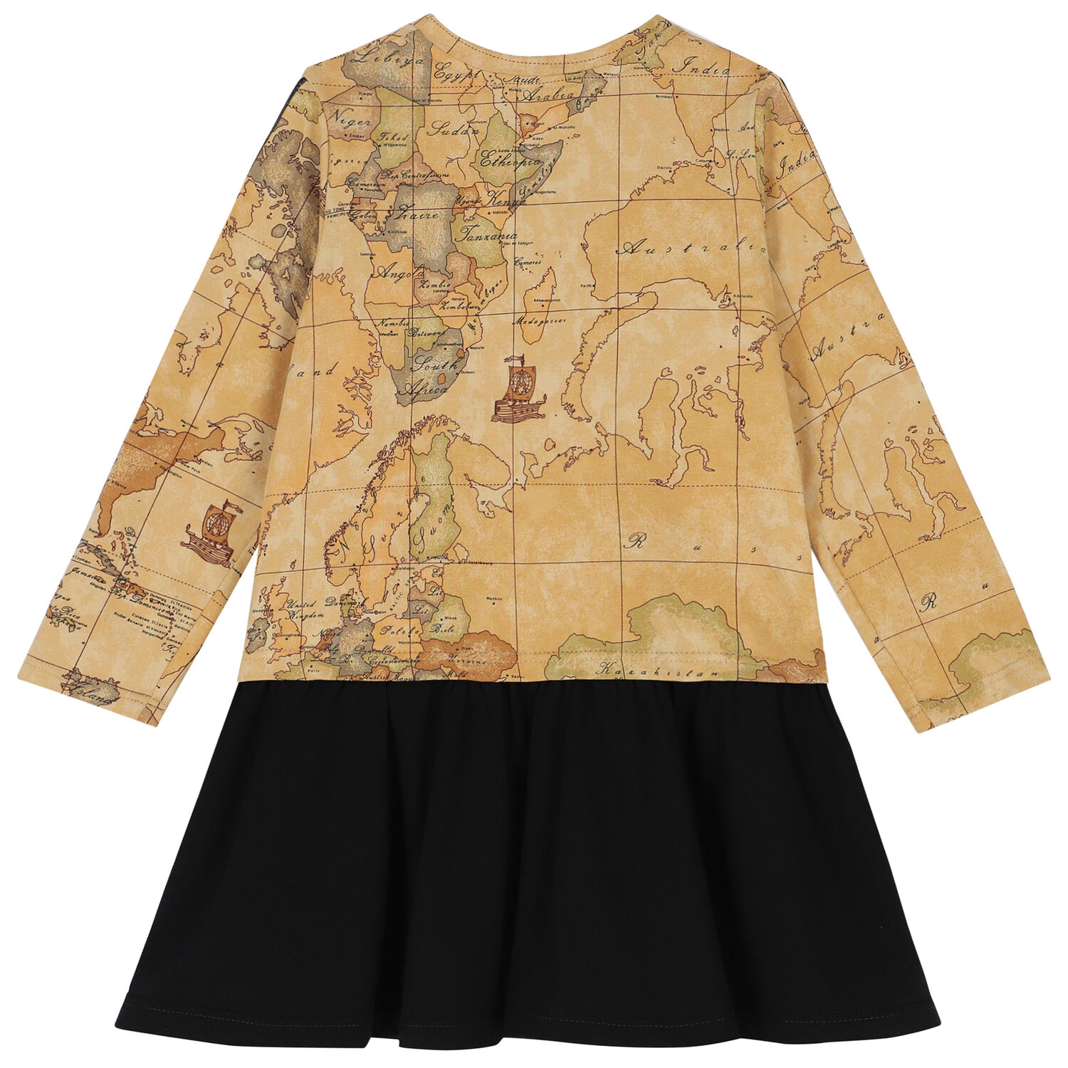Girls Beige & Black Geo Map Dress, 1, hi-res