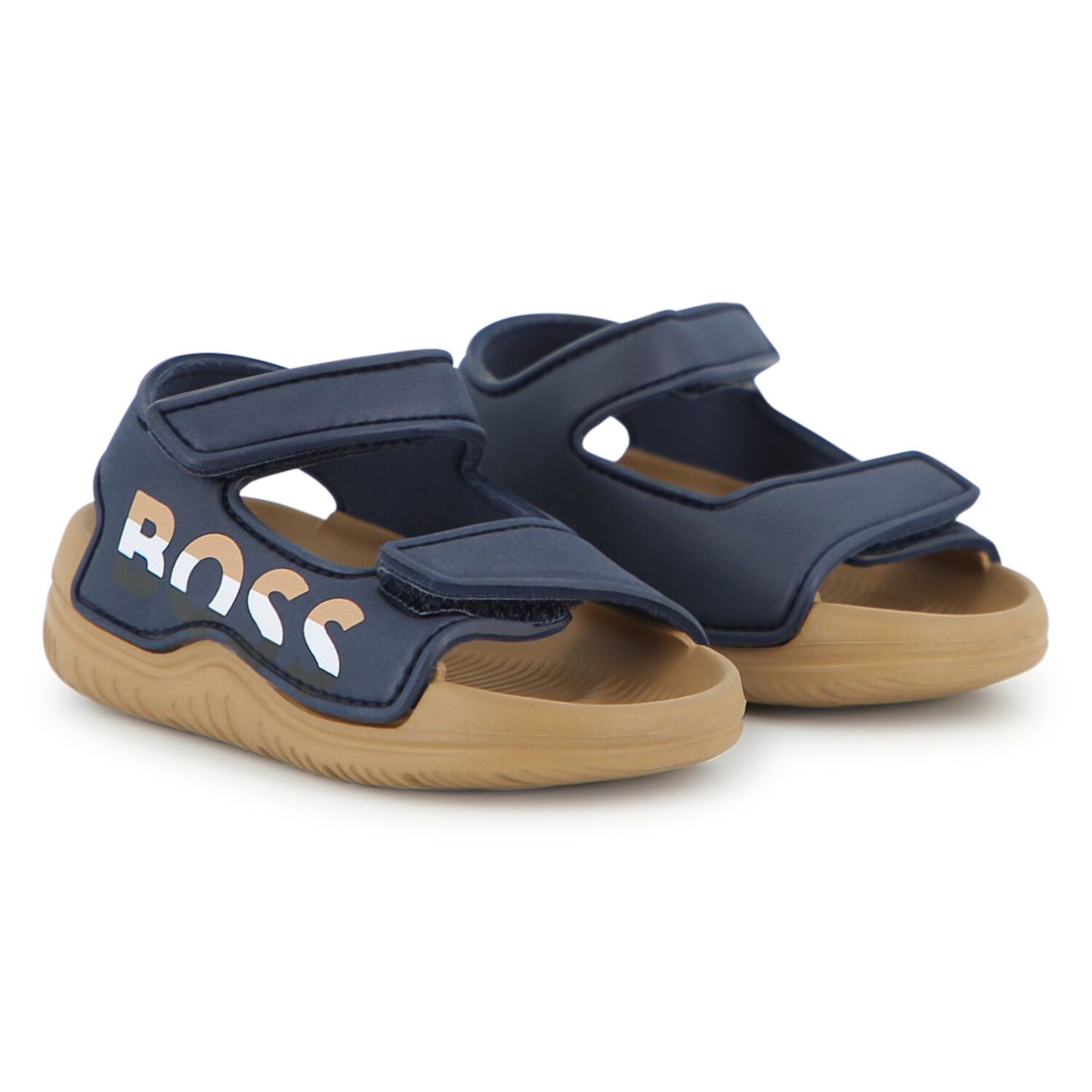 Boys Navy Blue & Beige Logo Sandals, 3, hi-res