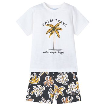 Boys White & Black Palm Tree Shorts Set
