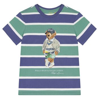 Boys Blue & Green Striped Bear Print T-Shirt