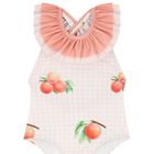Girls White & Coral Peaches Swimsuit, 2, hi-res