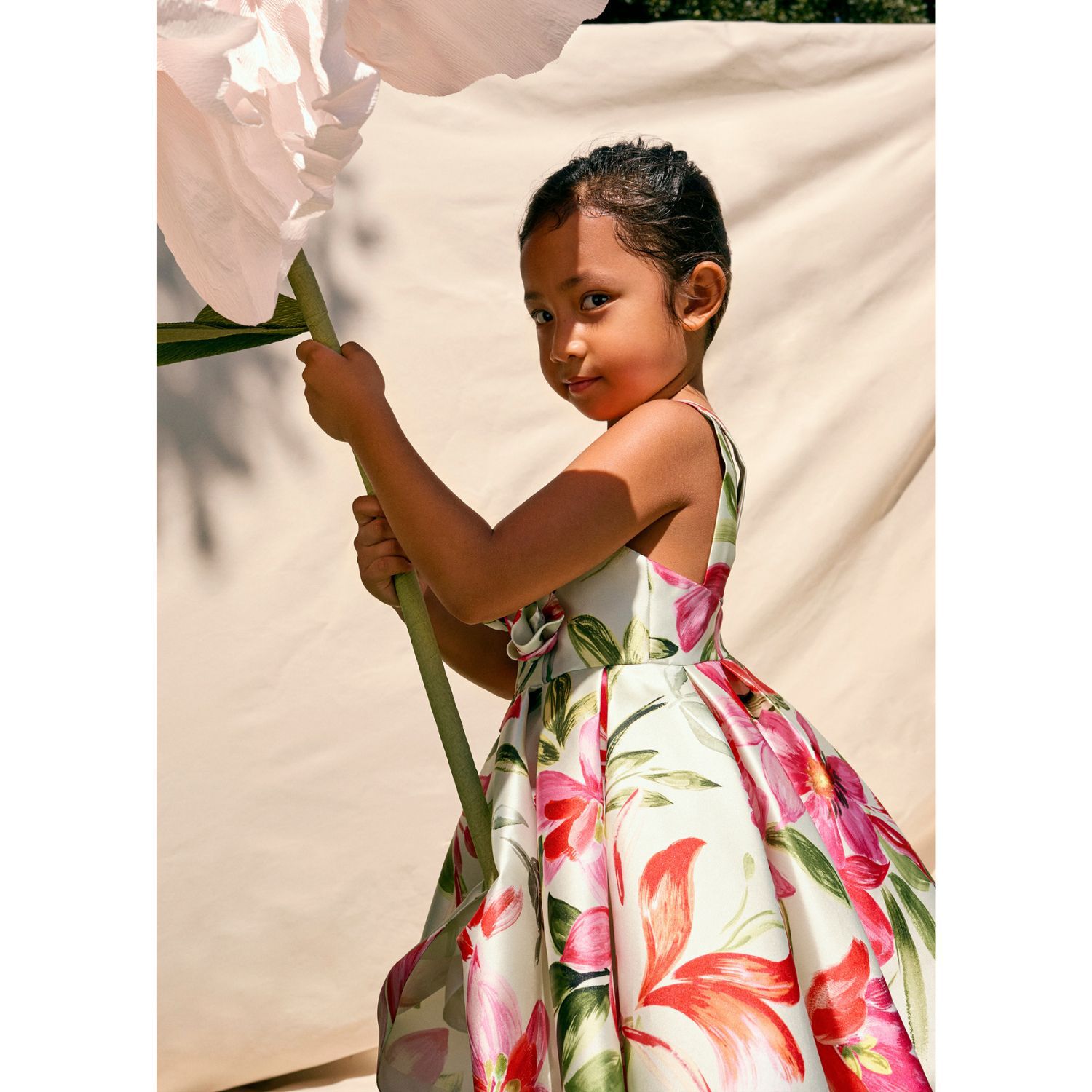 Girls Ivory Floral Satin Dress, 1, hi-res