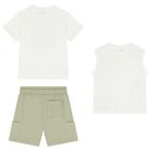 Boys White & Green Surfboard Shorts Set, 1, hi-res