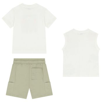 Boys White & Green Surfboard Shorts Set