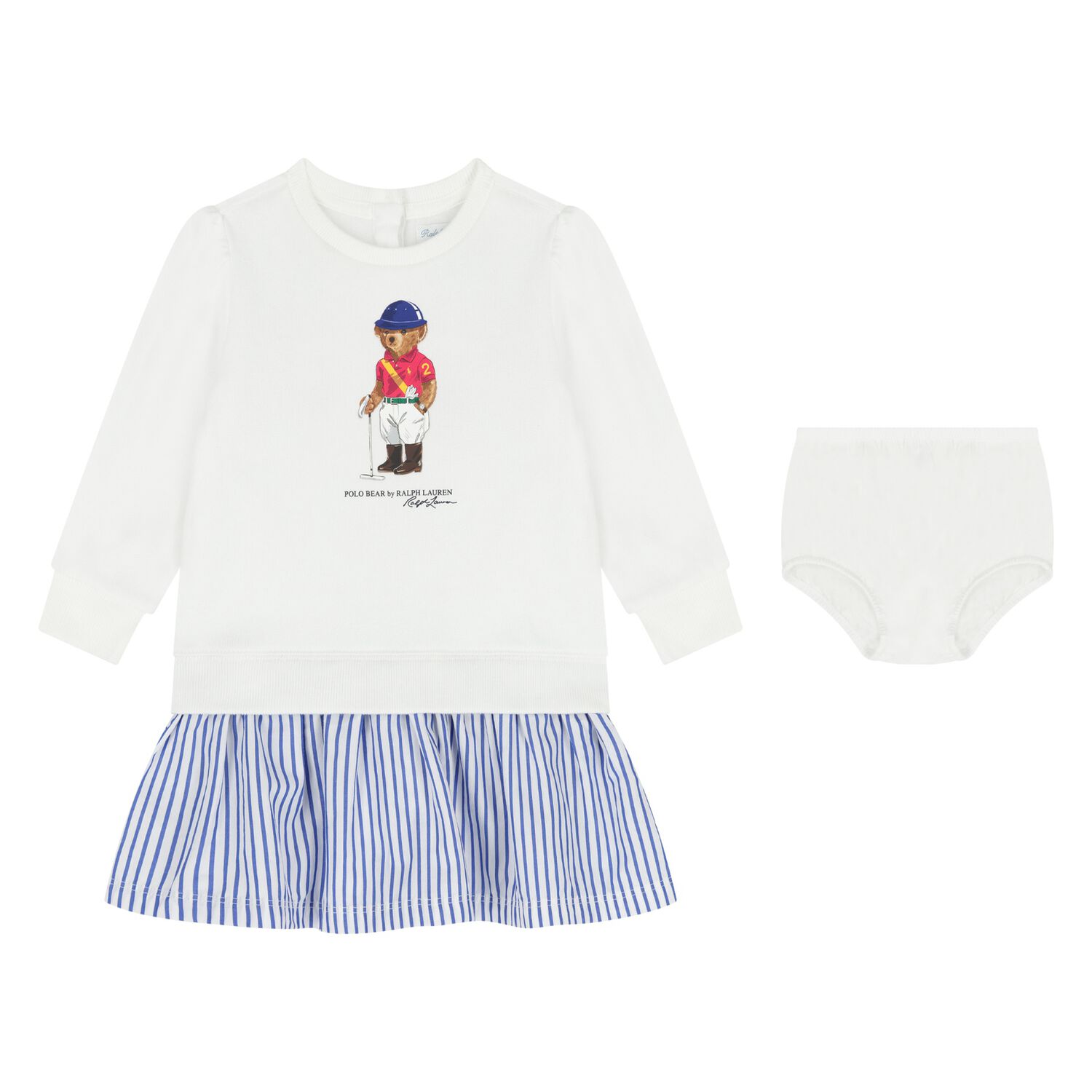 Baby Girls White Polo Bear Dress Set, 1, hi-res