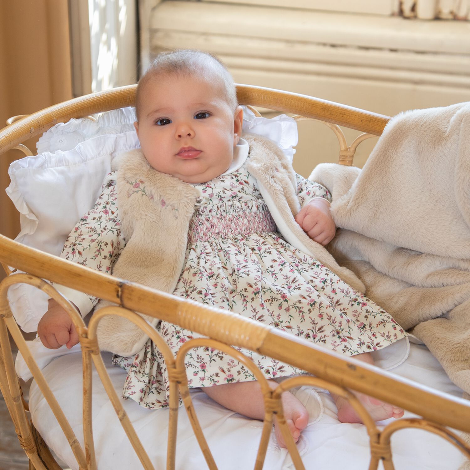 Baby Girls Ivory Floral Smocked Dress, 1, hi-res