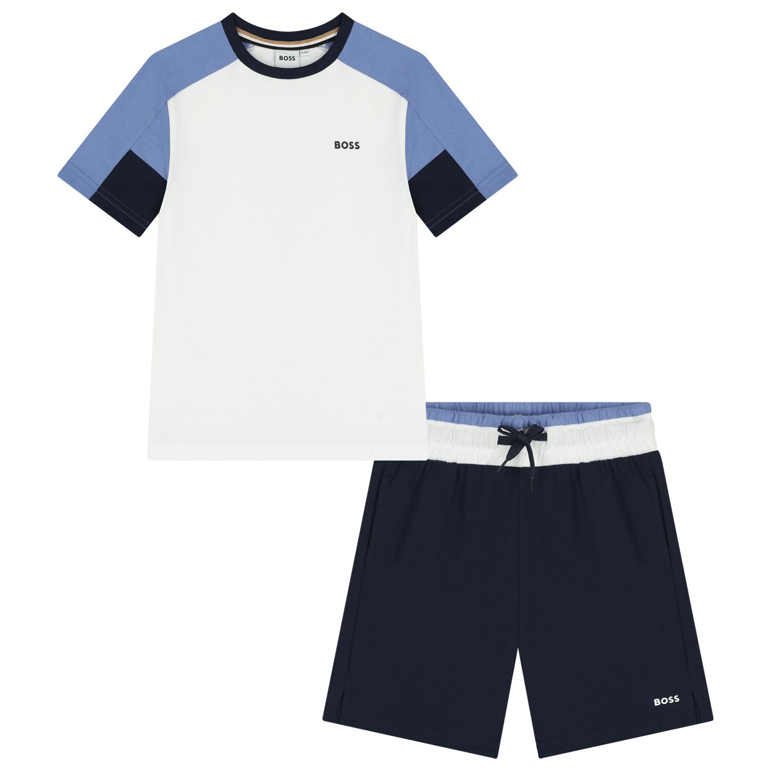 Boys White & Navy Blue Logo Shorts Set, 1, hi-res