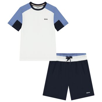 Boys White & Navy Blue Logo Shorts Set
