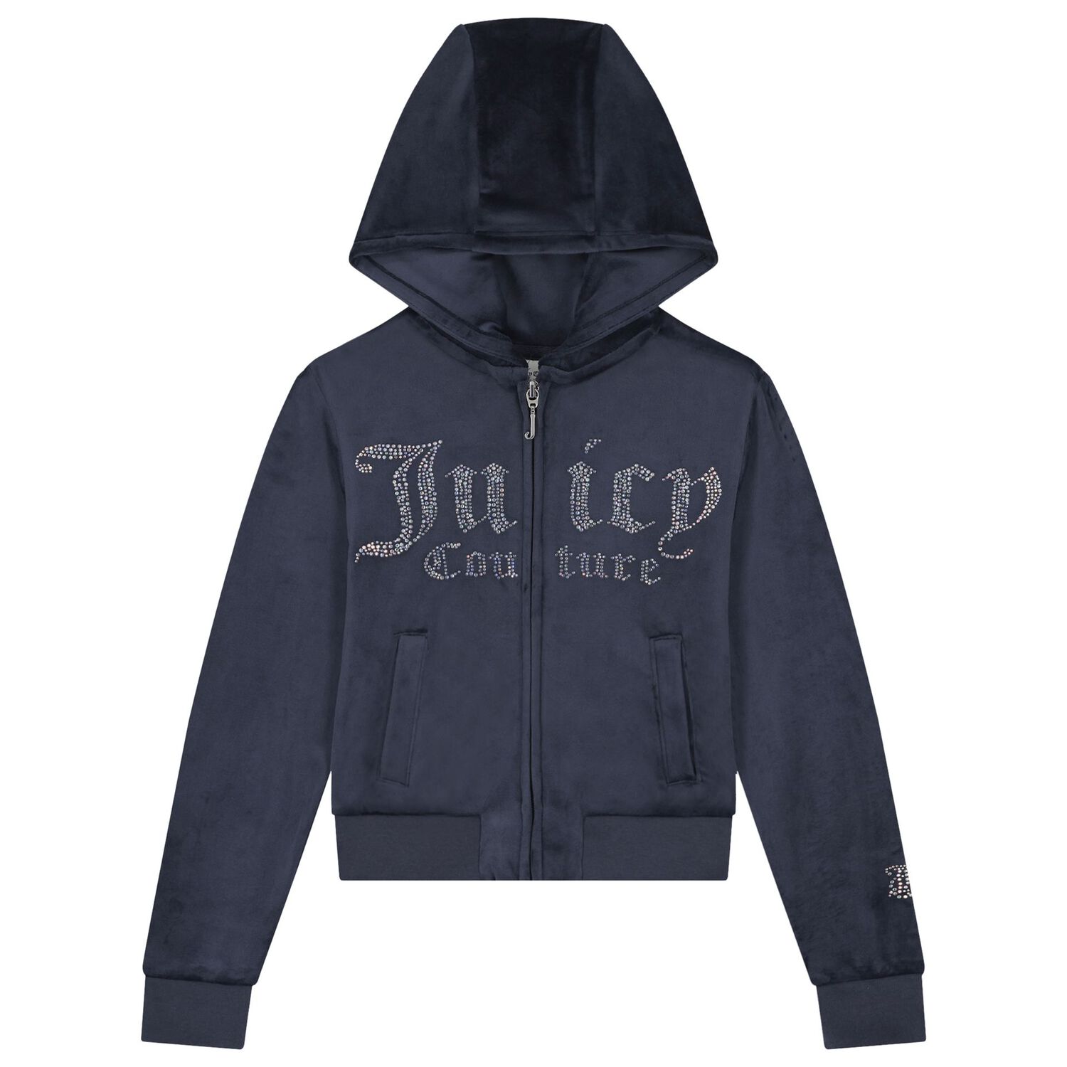 Girls Navy Blue Embellished Logo Hooded Zip Up Top, 1, hi-res