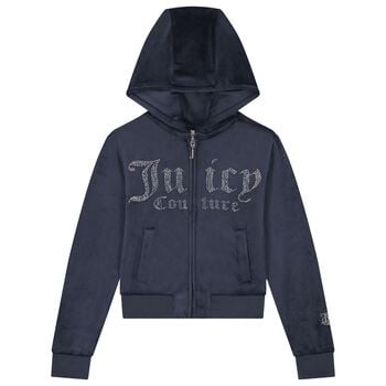 Girls Navy Blue Embellished Logo Hooded Zip Up Top