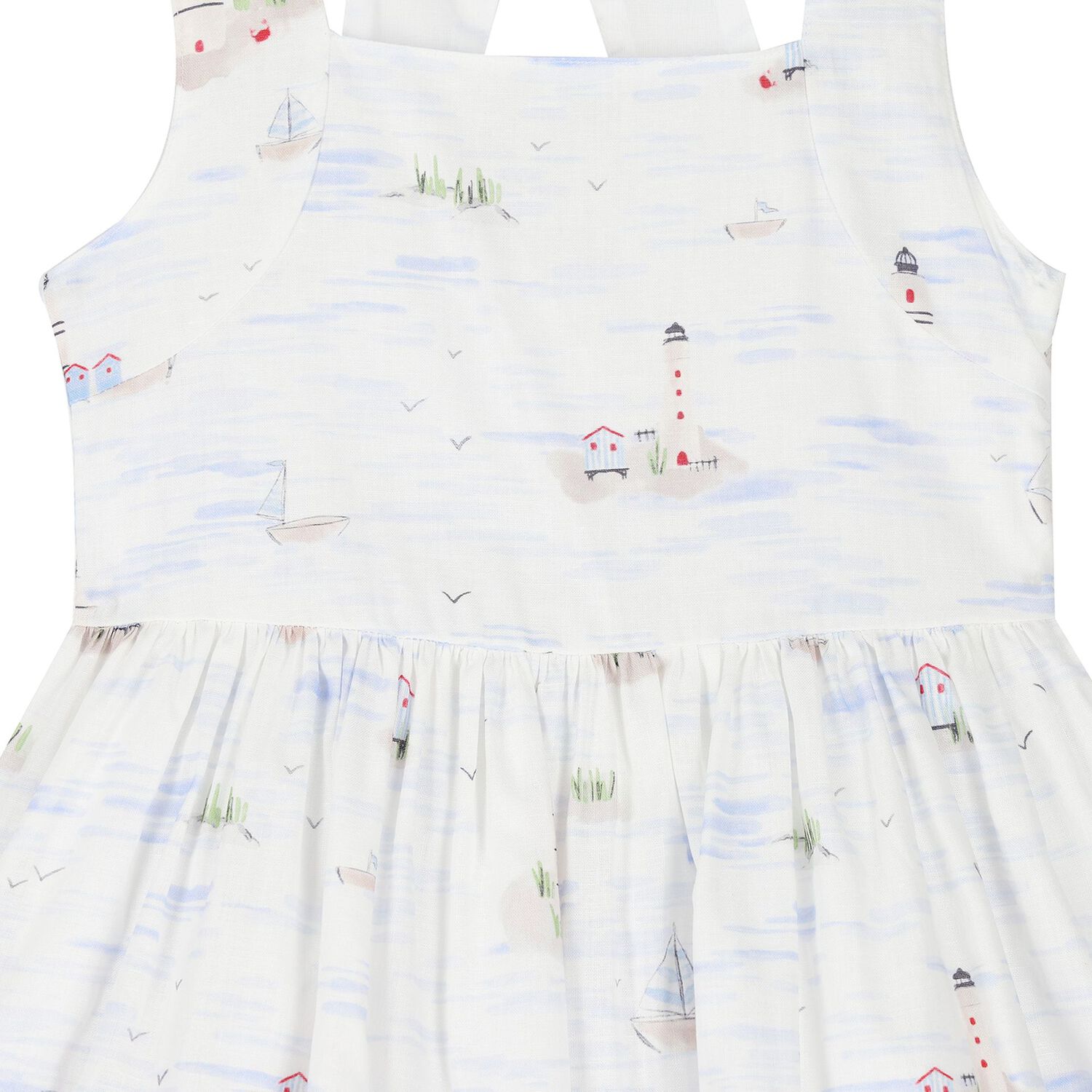 Girls White & Blue Cotton Dress, 1, hi-res
