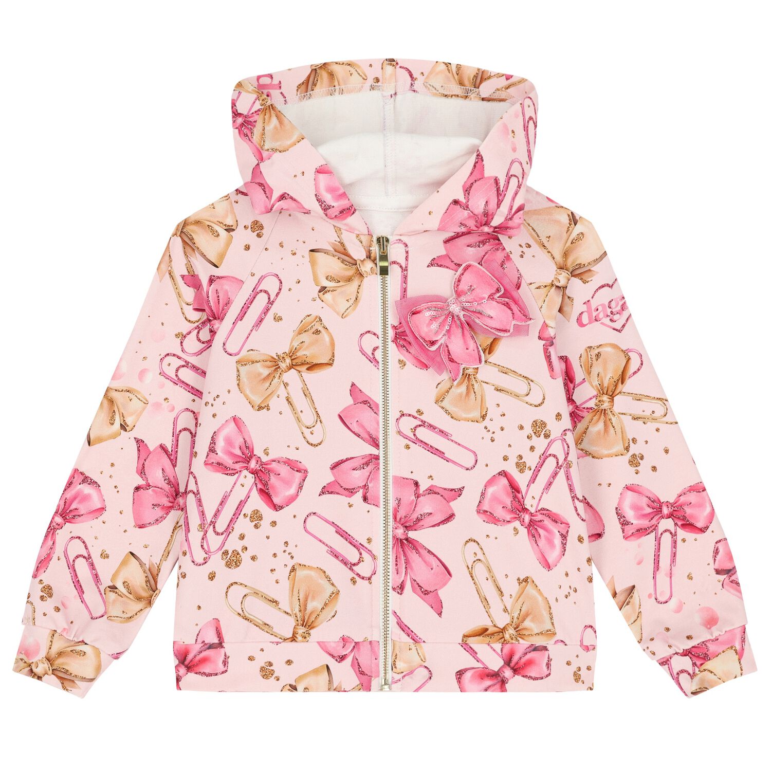 Girls Pink Bow Hooded Zip Up Top, 1, hi-res