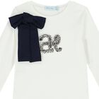 Girls Ivory & Navy Blue Bow Long Sleeve Top, 1, hi-res