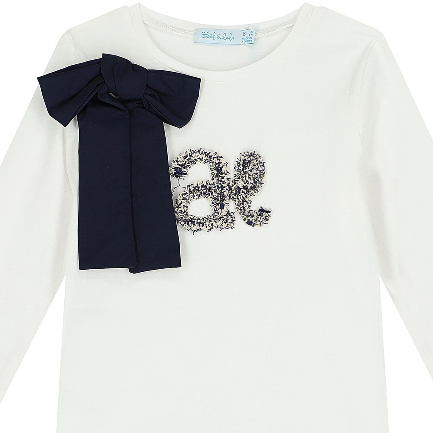 Girls Ivory & Navy Blue Bow Long Sleeve Top, 1, hi-res