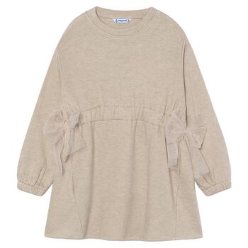 Girls Beige Bow Knitted Dress