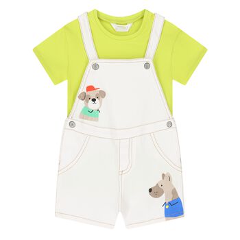 Baby Boys Ivory & Green Dungaree Set