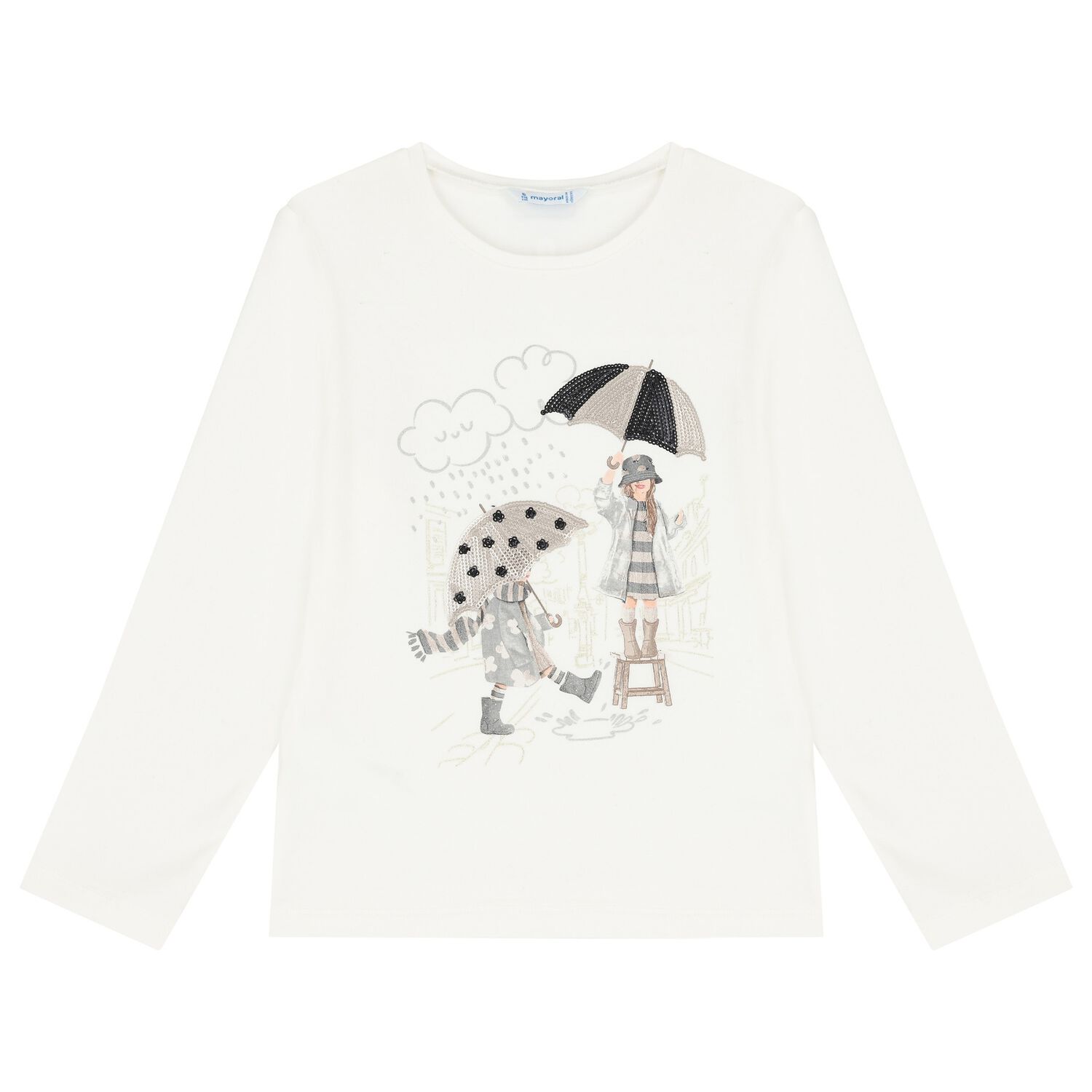 Girls White Long Sleeve Top, 3, hi-res