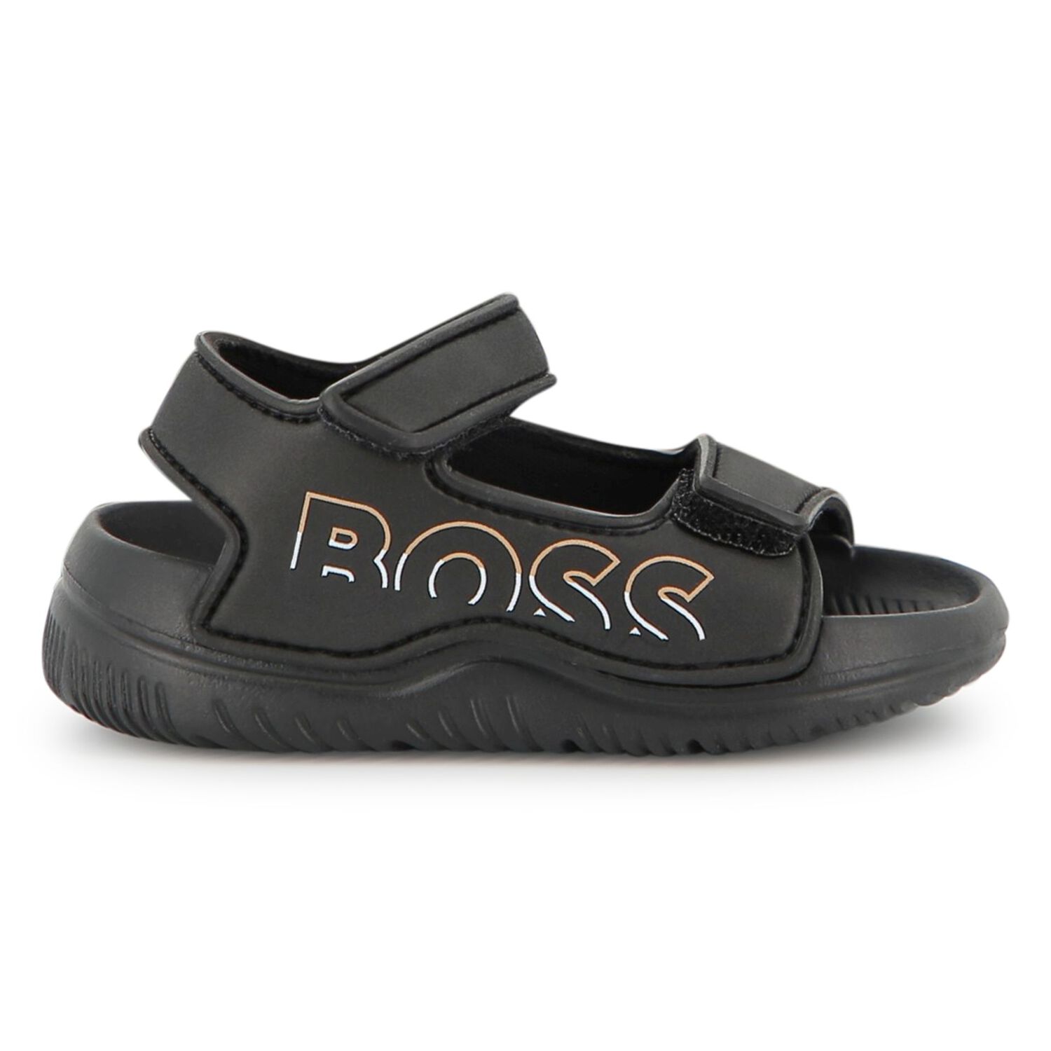 Boys Black Logo Sandals, 1, hi-res