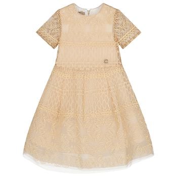 Girls Beige Embroidered Tulle Dress
