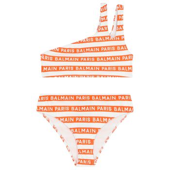 Girls White & Orange Striped Bikini