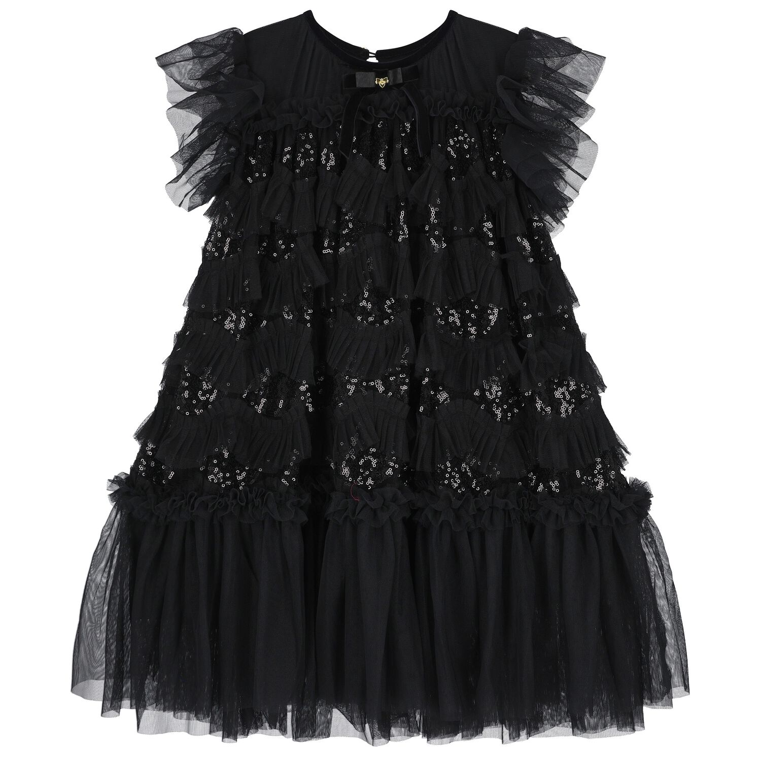 Girls Black Sequin Tulle Dress, 1, hi-res