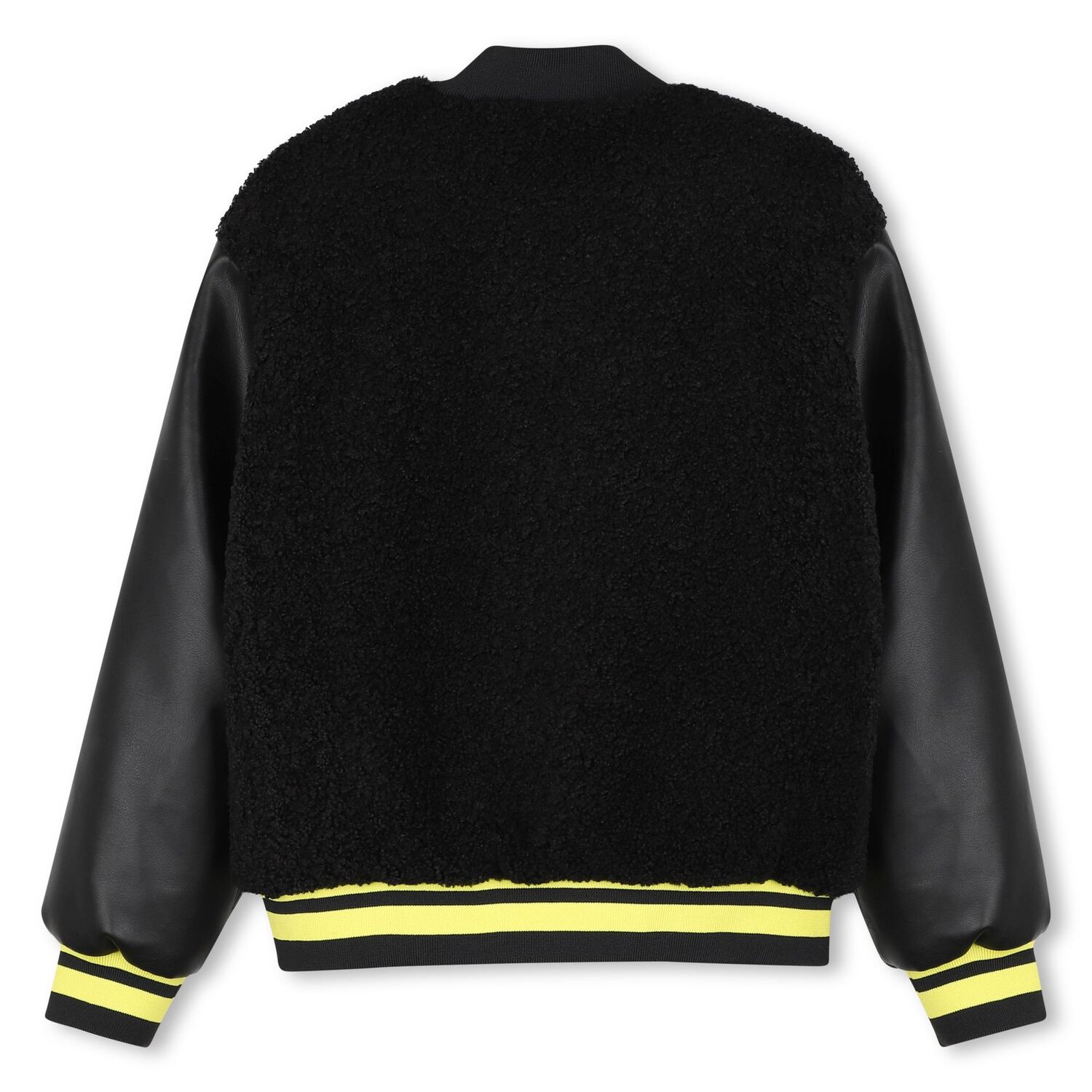 Boys Mini Me Black Faux Shearling Varsity Jacket, 1, hi-res
