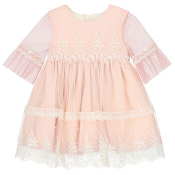 Younger Girls Pink & Ivory Lace Dress
