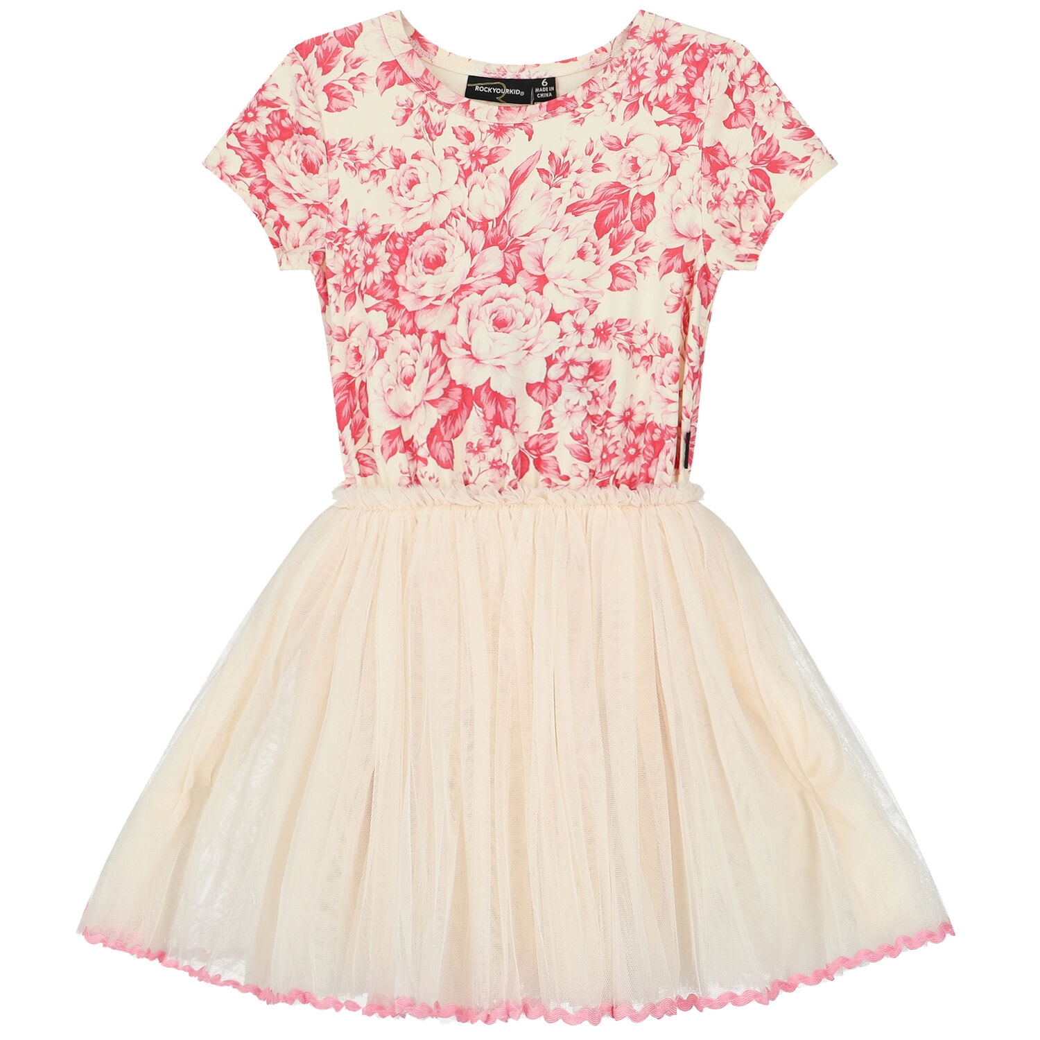 Girls Pink & Ivory Floral Tulle Dress, 1, hi-res