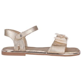 Girls Gold Leather Tulle Bow Sandal