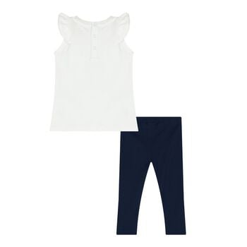 Baby Girls White & Navy Blue Teddy Bear Logo Leggings Set