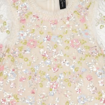Girls Ivory Floral Tulle & Sequin Dress