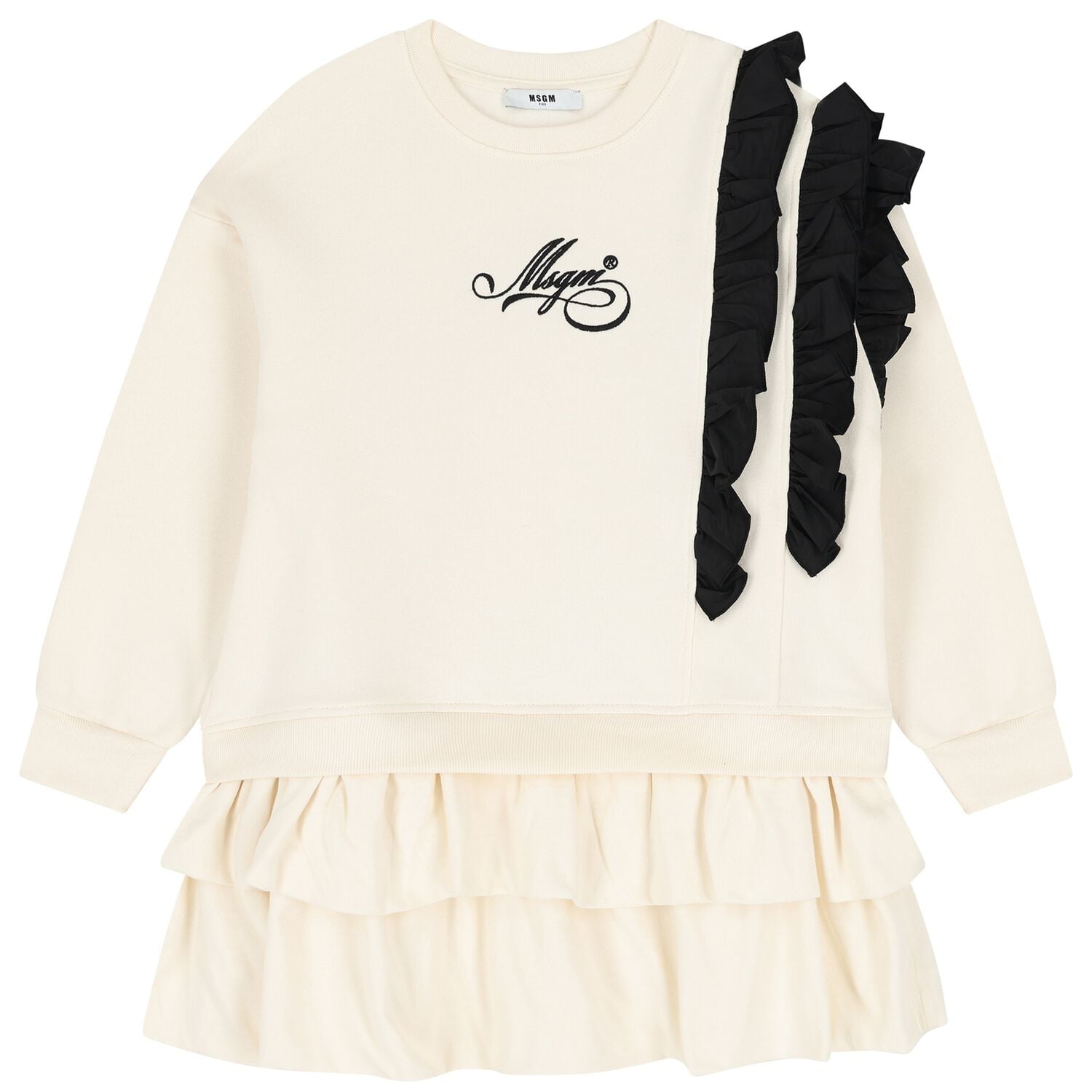 Girls Ivory & Black Logo Ruffled Dress, 1, hi-res