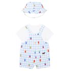 Baby Boys White & Blue Gingham Dungaree Set, 1, hi-res